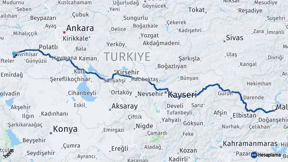 Eskişehir Sivrihisar Malatya Arası Kaç Km - Yol Haritası