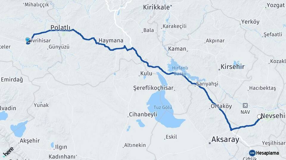 Eskişehir Sivrihisar Nevşehir Arası Kaç Km - Yol Haritası