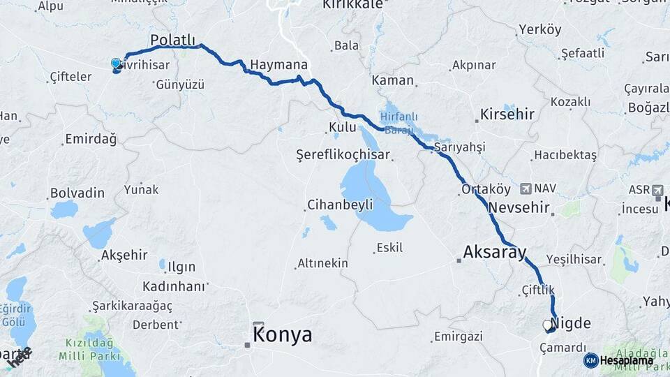 Eskişehir Sivrihisar Niğde Arası Kaç Km - Yol Haritası