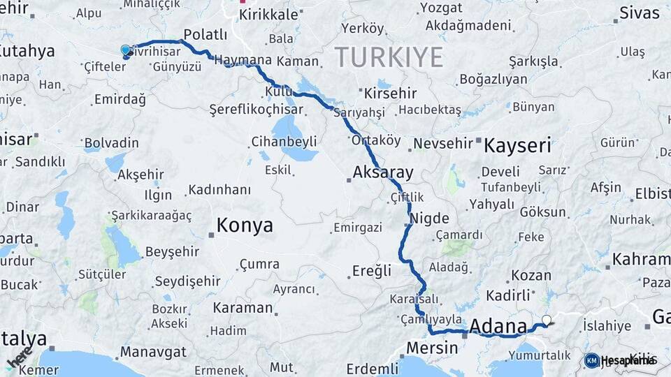 Eskişehir Sivrihisar Osmaniye Arası Kaç Km - Yol Haritası