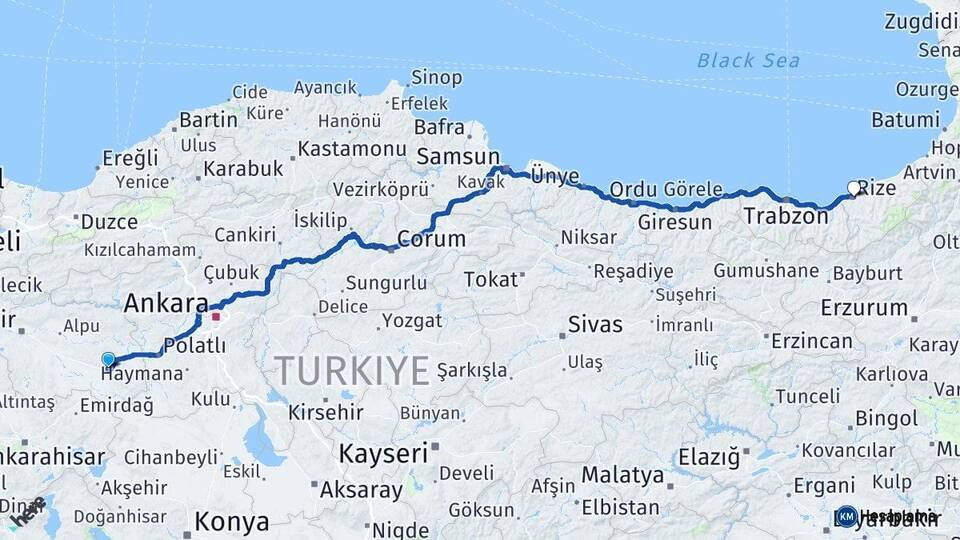 Eskişehir Sivrihisar Rize Arası Kaç Km - Yol Haritası