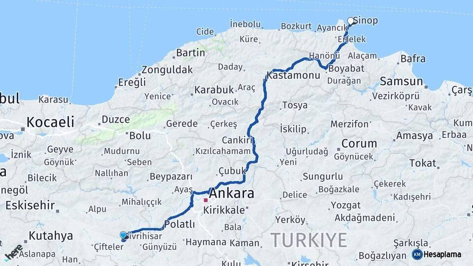 Eskişehir Sivrihisar Sinop Arası Kaç Km - Yol Haritası