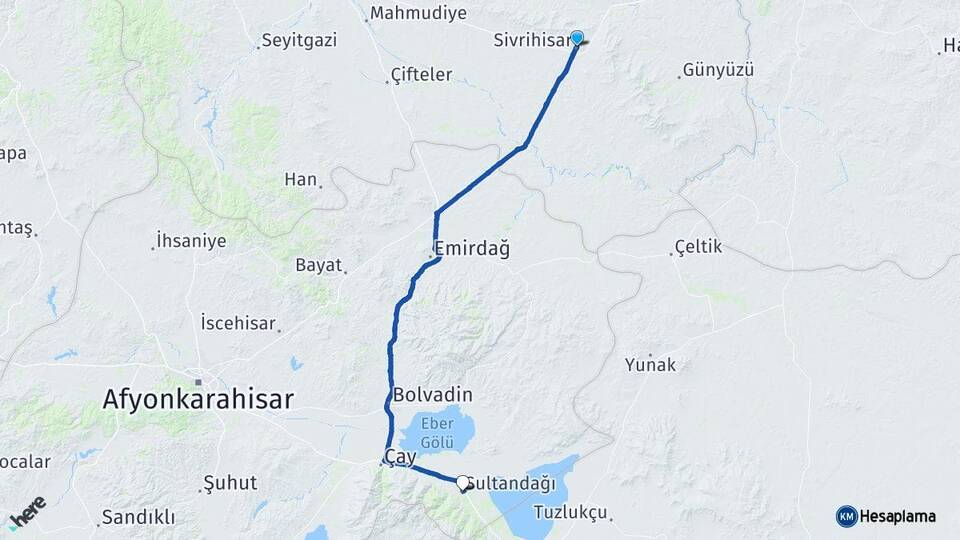 Eskişehir Sivrihisar Sultandağı Afyonkarahisar Arası Kaç Km - Yol Haritası