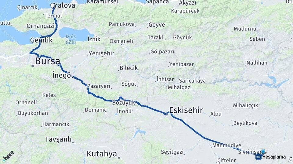 Eskişehir Sivrihisar Yalova Arası Kaç Km - Yol Haritası