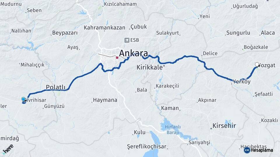 Eskişehir Sivrihisar Yozgat Arası Kaç Km - Yol Haritası