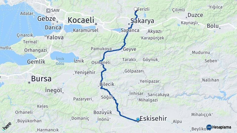 Eskişehir Söğütlü Sakarya Arası Kaç Km - Yol Haritası