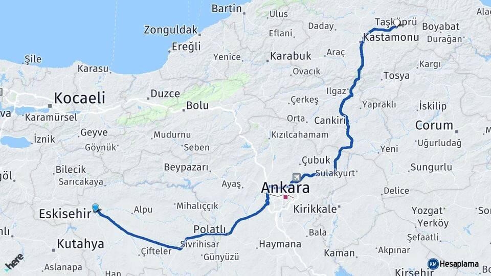 Eskişehir Taşköprü Kastamonu Arası Kaç Km - Yol Haritası