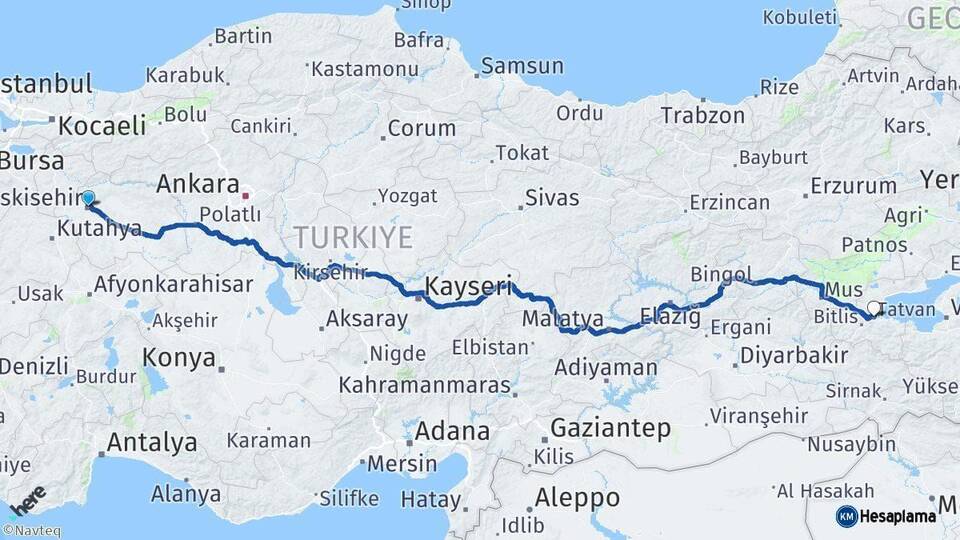 Eskişehir Tatvan Bitlis Arası Kaç Km - Yol Haritası