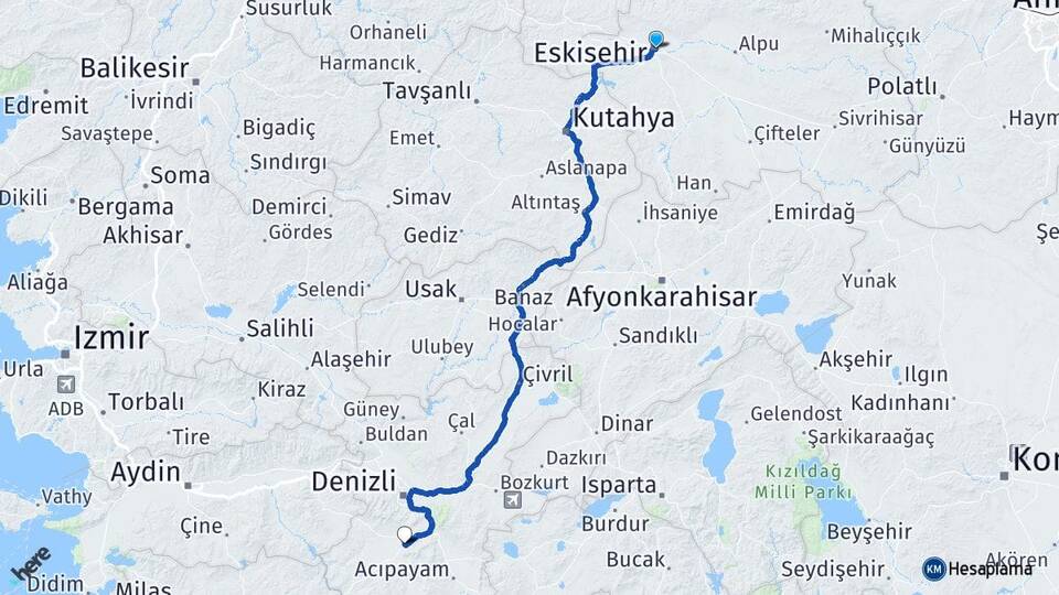 Eskişehir Tavas Denizli Arası Kaç Km - Yol Haritası