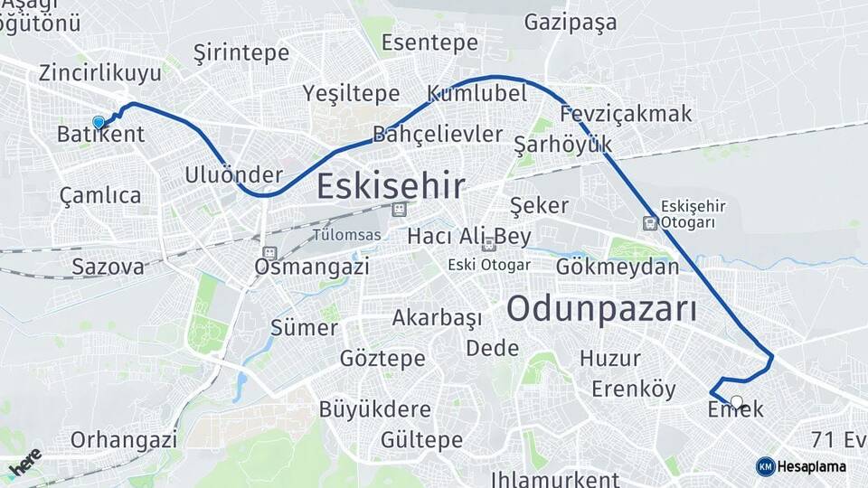 Eskişehir Tepebaşı Batıkent Emek Odunpazarı Arası Kaç Km - Yol Haritası