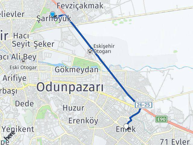 Eskişehir Tepebaşı Şarhöyük Emek Odunpazarı Arası Kaç Km - Yol Haritası