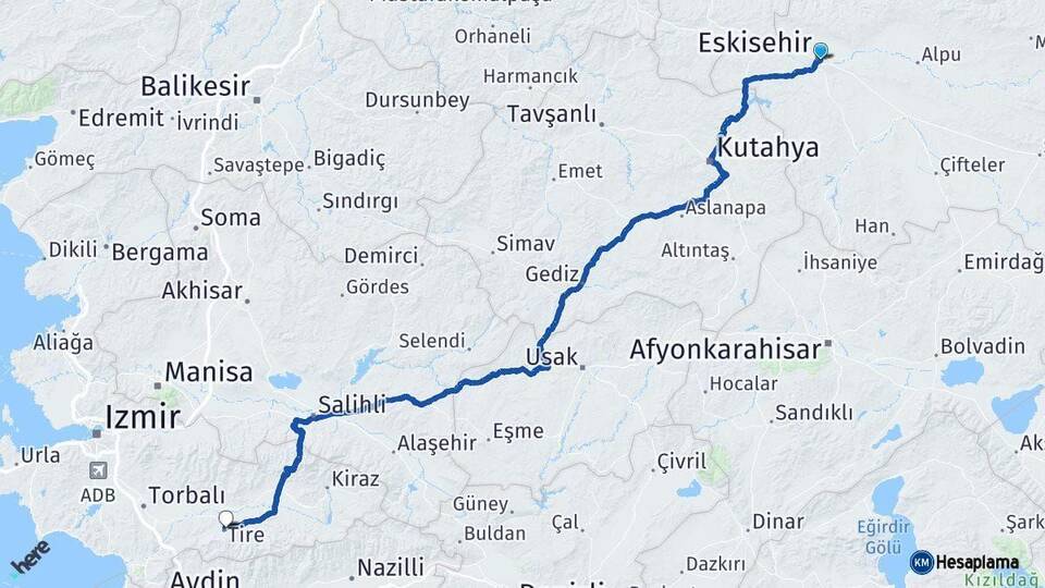 Eskişehir Tire İzmir Arası Kaç Km - Yol Haritası