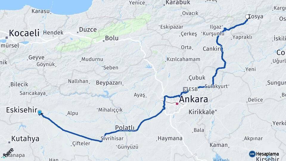 Eskişehir Tosya Kastamonu Arası Kaç Km - Yol Haritası