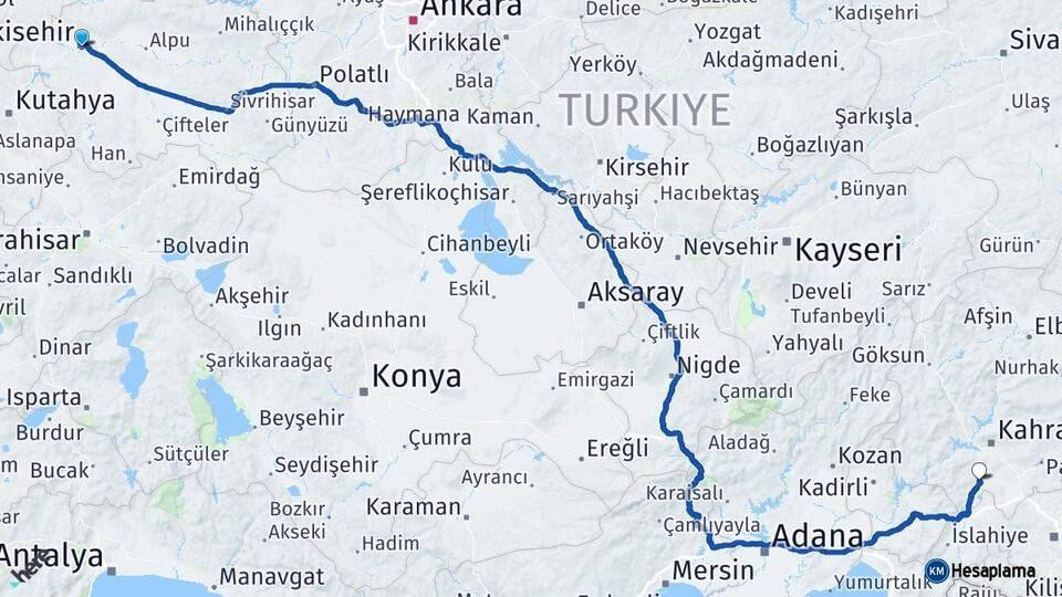 Eskişehir Türkoğlu Kahramanmaraş Arası Kaç Km - Yol Haritası