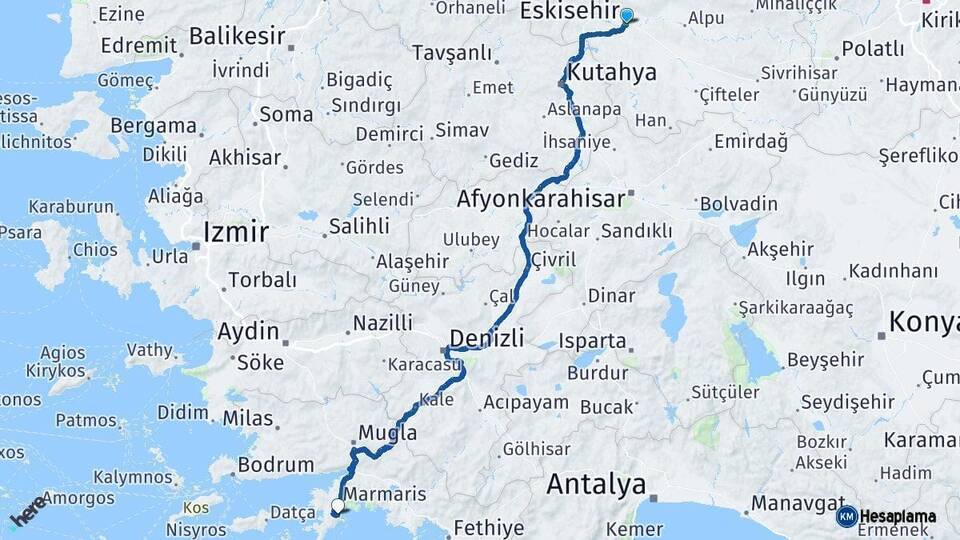 Eskişehir Turunç Marmaris Muğla Arası Kaç Km - Yol Haritası