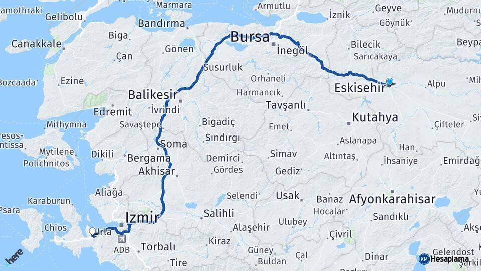 Eskişehir Urla İzmir Arası Kaç Km - Yol Haritası