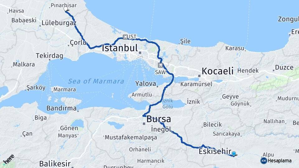 Eskişehir Vize Kırklareli Arası Kaç Km - Yol Haritası