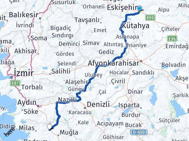 Eskişehir Yatağan Muğla Arası Kaç Km - Yol Haritası
