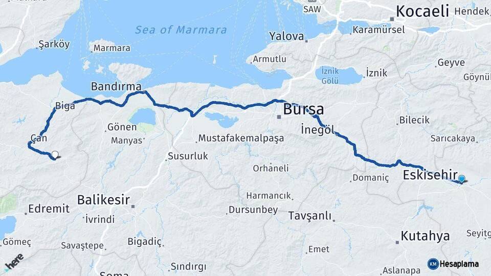 Eskişehir Yenice Çanakkale Arası Kaç Km - Yol Haritası