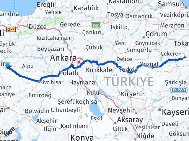 Eskişehir Yeşilyurt Tokat Arası Kaç Km - Yol Haritası