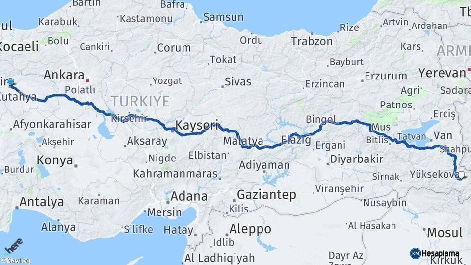 Eskişehir Yüksekova Hakkari Arası Kaç Km - Yol Haritası