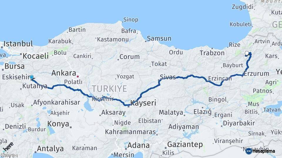 Eskişehir Yusufeli Artvin Arası Kaç Km - Yol Haritası