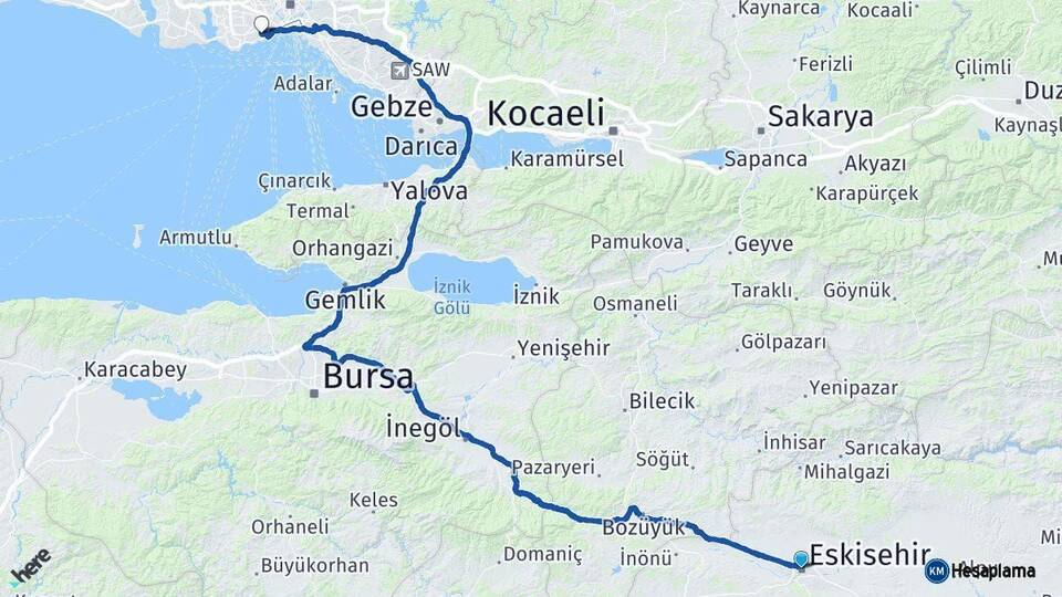 Eskişehir Zeytinburnu İstanbul Arası Kaç Km - Yol Haritası