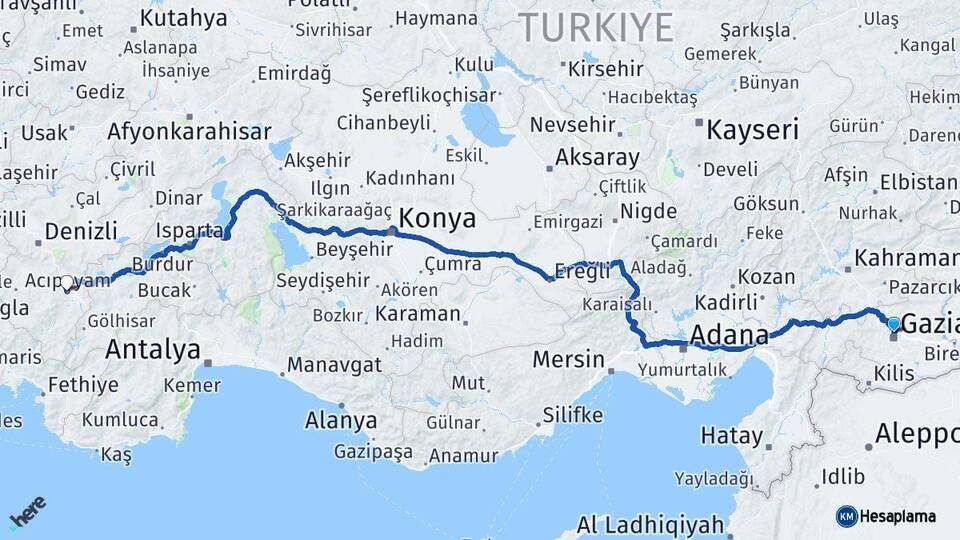 Gaziantep Acıpayam Denizli Arası Kaç Km - Yol Haritası