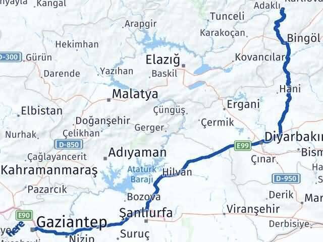 Gaziantep Adaklı Bingöl Arası Kaç Km - Yol Haritası