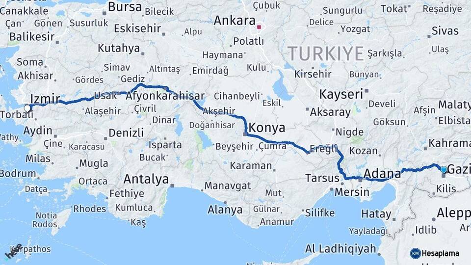 Gaziantep Adnan Menderes Havalimanı Arası Kaç Km - Yol Haritası