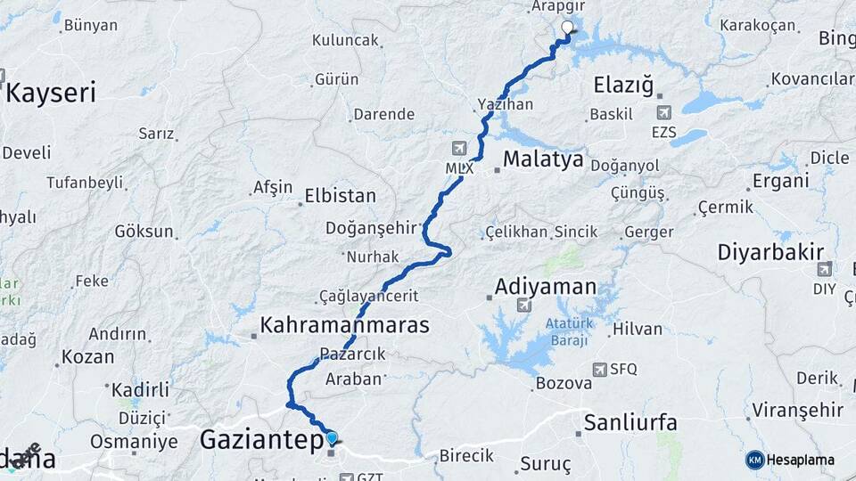 Gaziantep Ağın Elazığ Arası Kaç Km - Yol Haritası