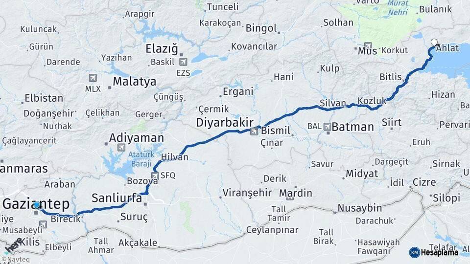 Gaziantep Ahlat Bitlis Arası Kaç Km - Yol Haritası