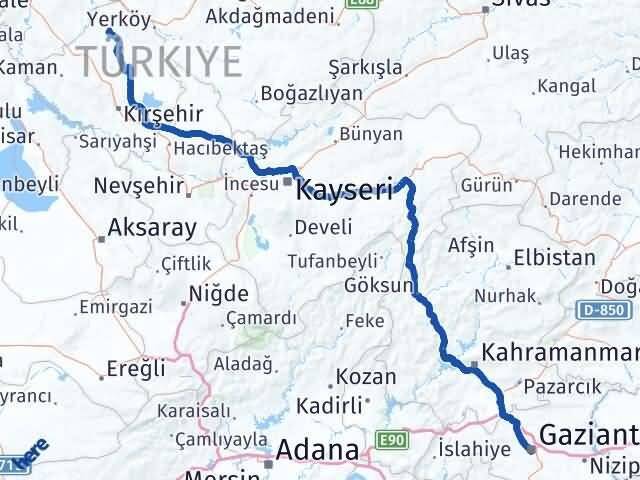 Gaziantep Akçakent Kırşehir Arası Kaç Km - Yol Haritası
