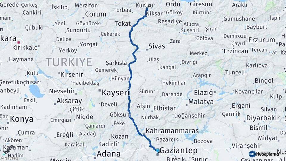 Gaziantep Akkuş Ordu Arası Kaç Km - Yol Haritası