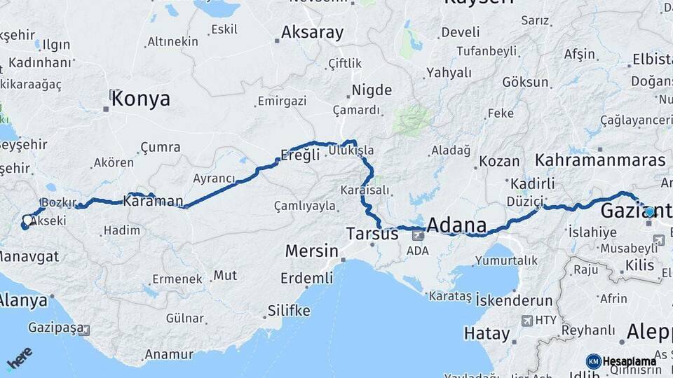 Gaziantep Akseki Antalya Arası Kaç Km - Yol Haritası