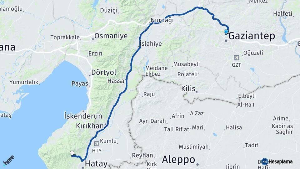 Gaziantep Antakya Hatay Arası Kaç Km - Yol Haritası