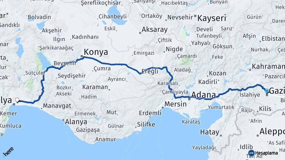 Gaziantep Antalya Havalimanı Arası Kaç Km - Yol Haritası