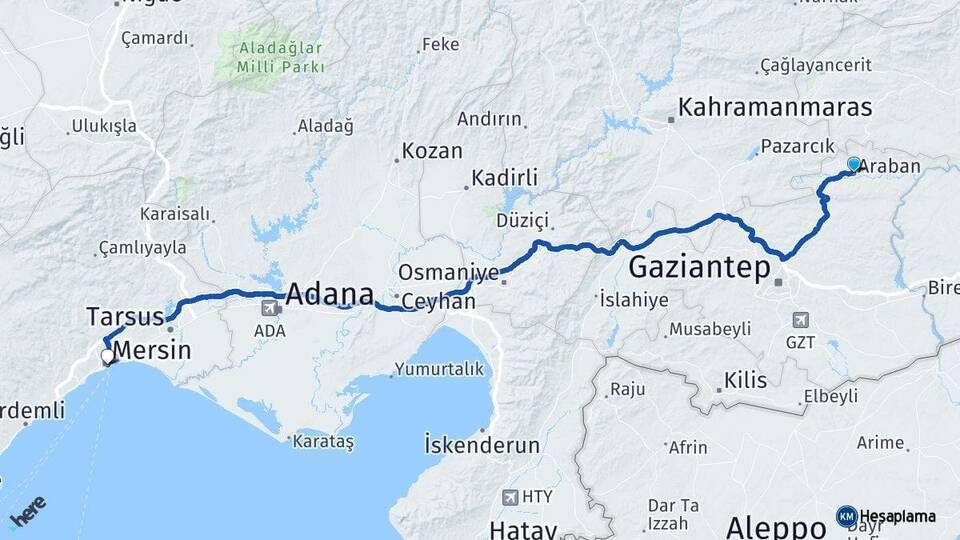 Araban Mersin Arası Kaç Km - Yol Tarifi