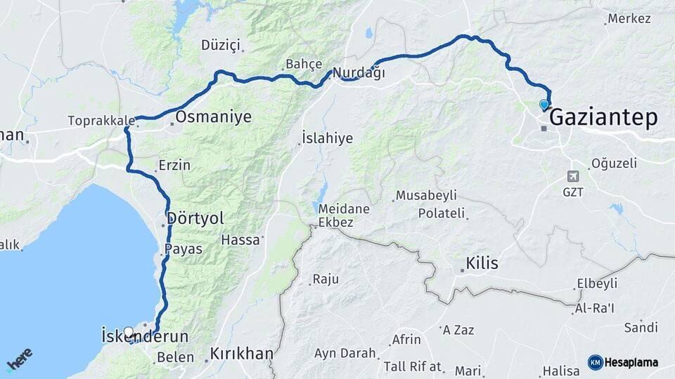 Gaziantep Arsuz Hatay Arası Kaç Km - Yol Haritası