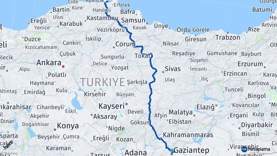 Gaziantep Ayancık Sinop Arası Kaç Km - Yol Haritası