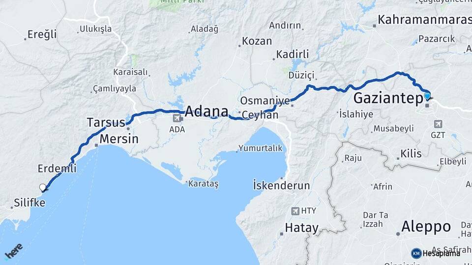 Gaziantep Ayaş Erdemli Mersin Arası Kaç Km - Yol Haritası