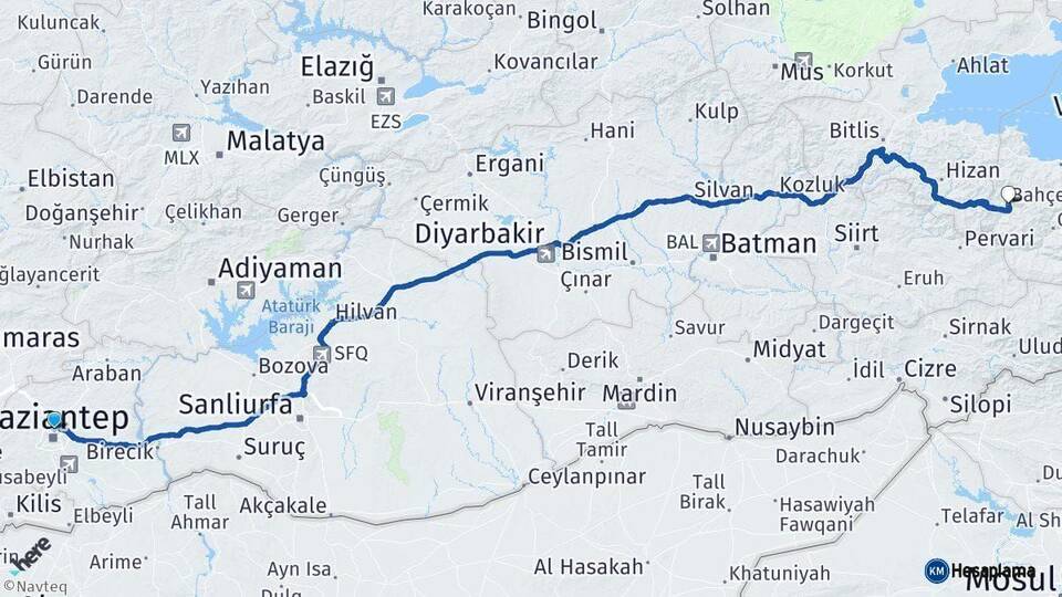 Gaziantep Bahçesaray Van Arası Kaç Km - Yol Haritası