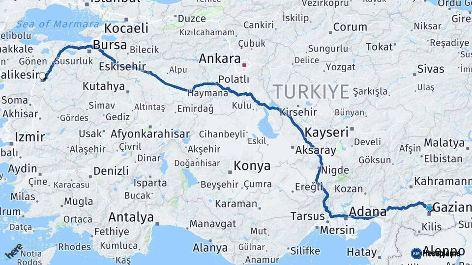 Gaziantep Balıkesir Arası Kaç Km - Yol Haritası