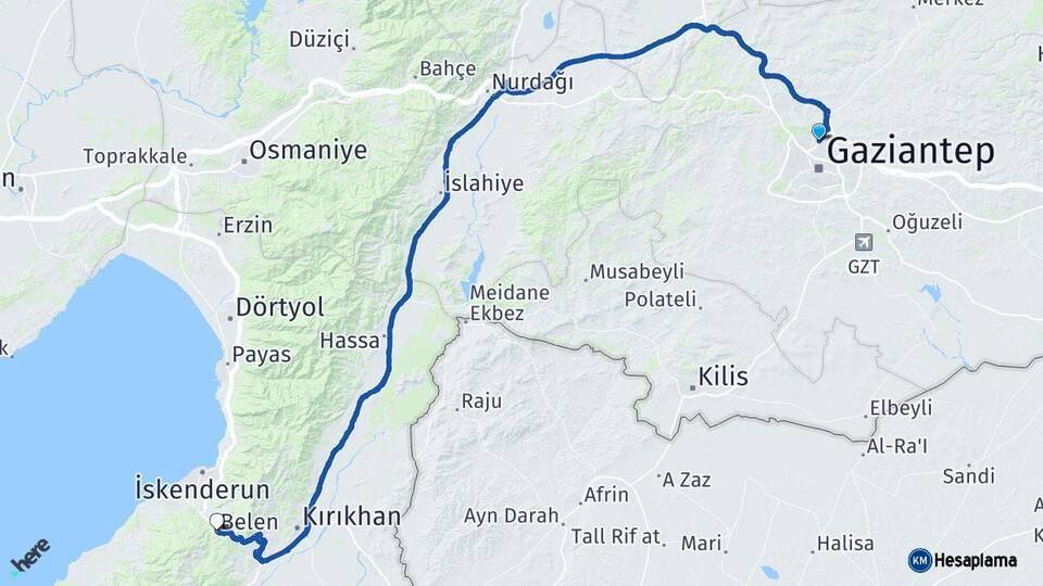 Gaziantep Belen Hatay Arası Kaç Km - Yol Haritası