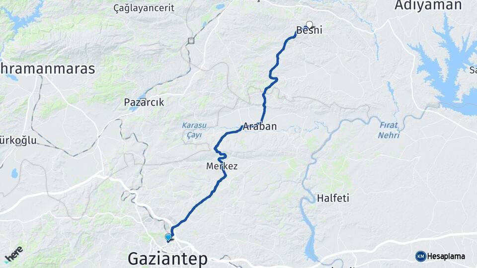 Gaziantep Besni Adıyaman Arası Kaç Km - Yol Haritası