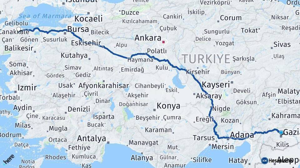 Gaziantep Biga Çanakkale Arası Kaç Km - Yol Haritası