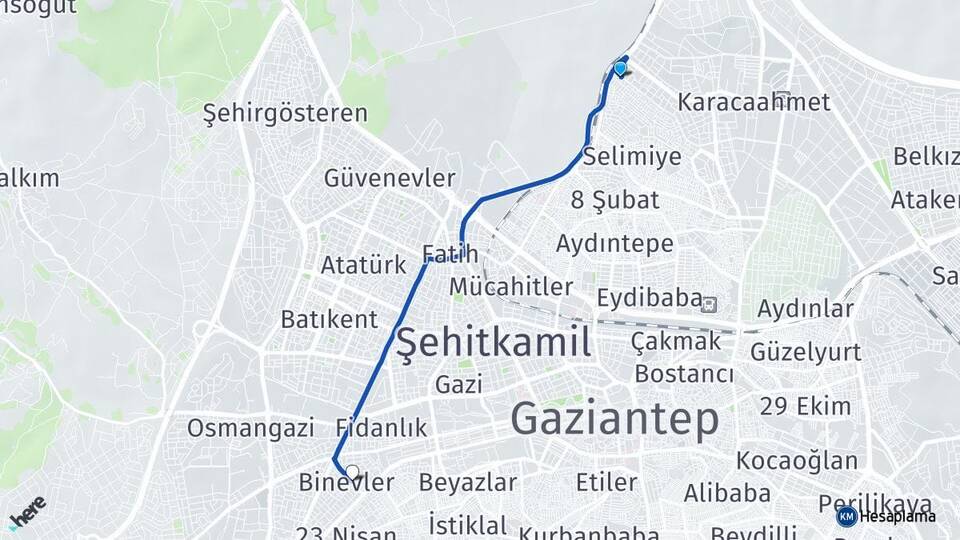 Gaziantep Binevler Şahinbey Arası Kaç Km - Yol Haritası