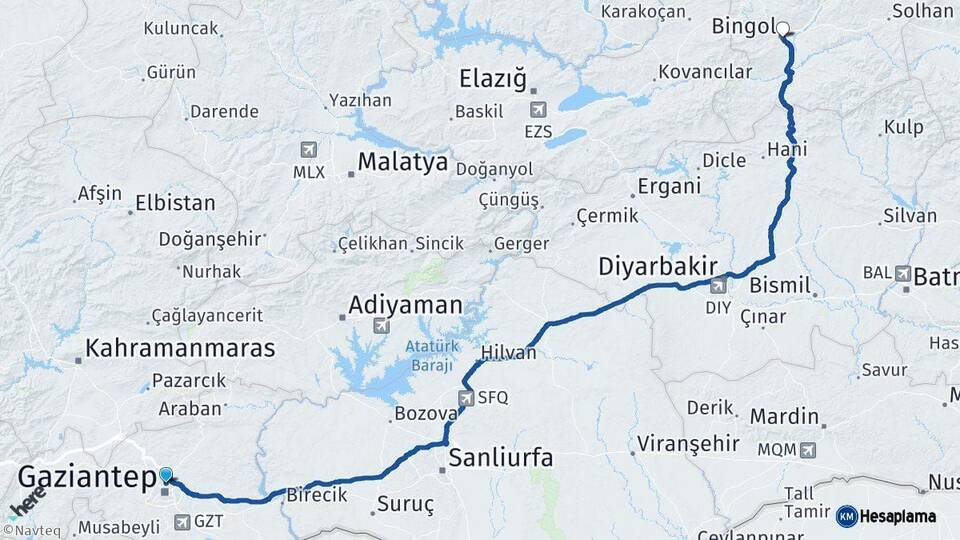 Gaziantep Bingöl Arası Kaç Km - Yol Haritası