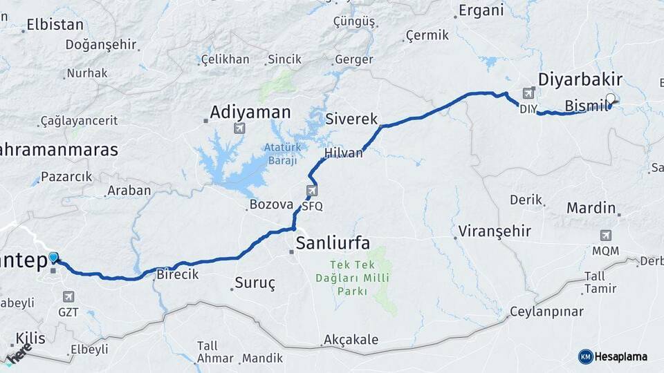 Gaziantep Bismil Diyarbakır Arası Kaç Km - Yol Haritası