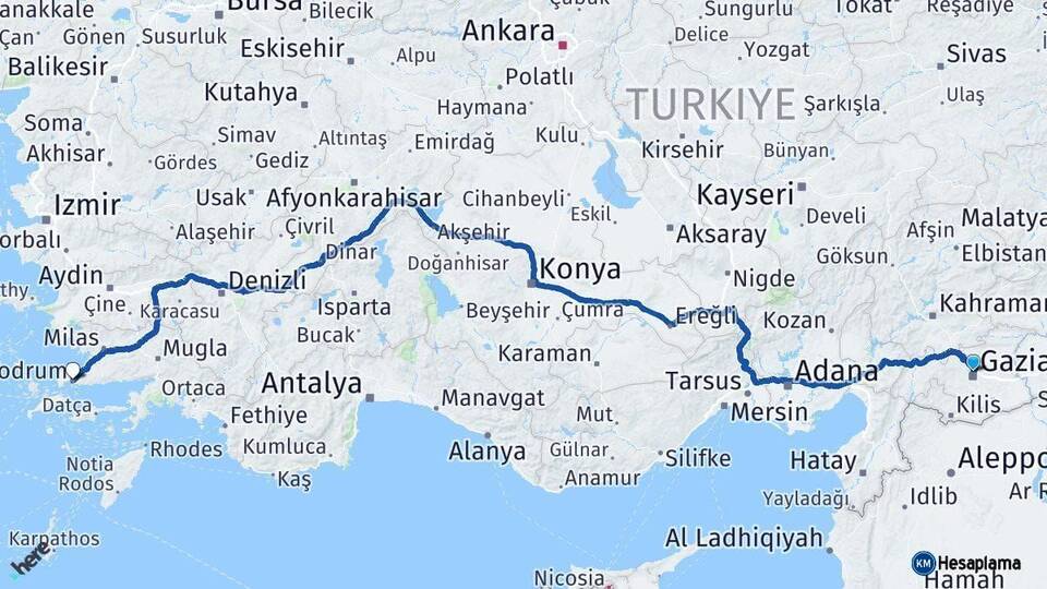 Gaziantep Bodrum Muğla Arası Kaç Km - Yol Haritası